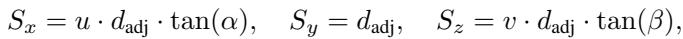 Equations for calculating Sx, Sy, and Sz based on u, v, and angles alpha and beta.