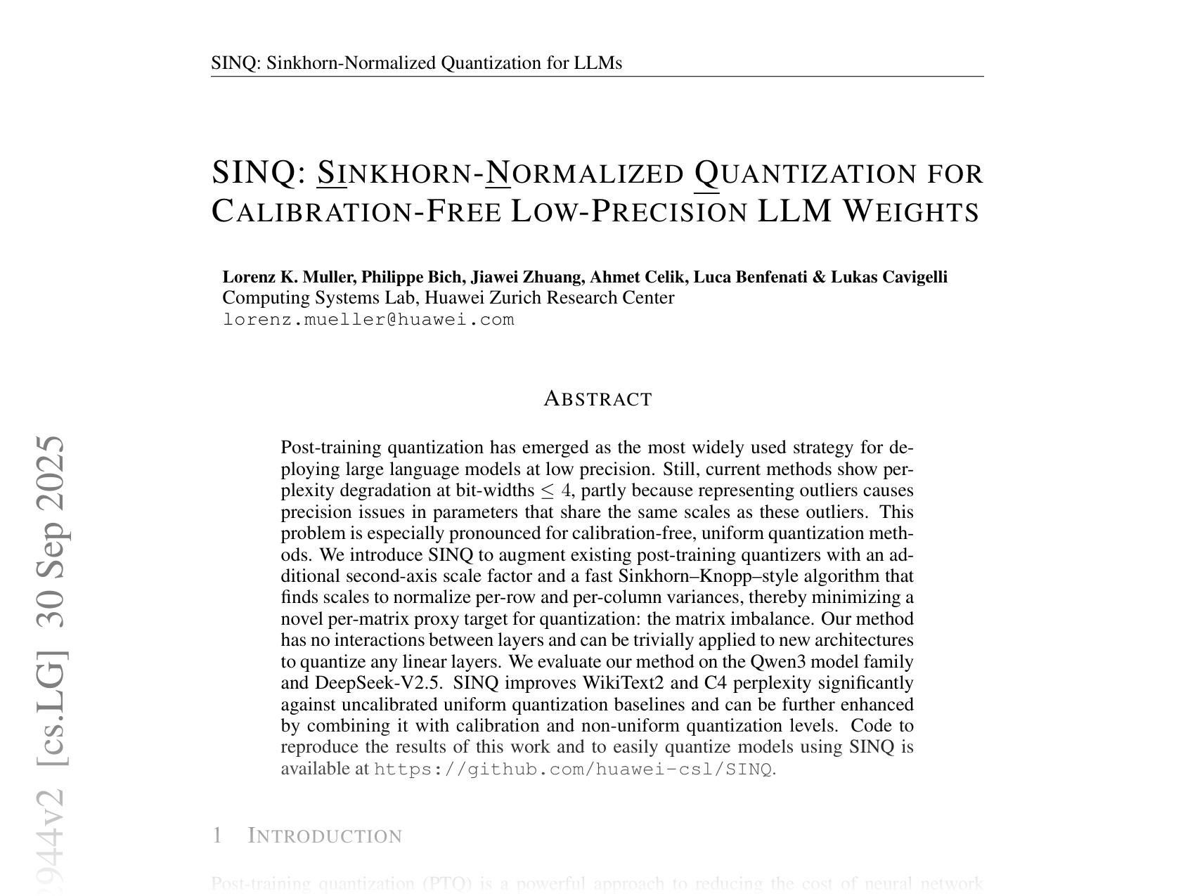 [SINO: Sinkhorn-Normalized Quantization for Calibration-Free Low-Precision LLM Weights 🔗](https://arxiv.org/abs/2509.22944)