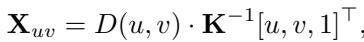 Equation 2: Inverse projection to construct a scene point cloud.