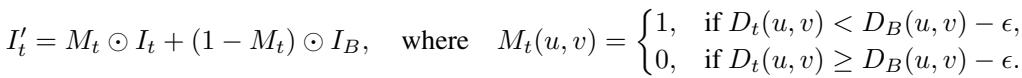 Equation 4: Visual blending formula using a binary mask based on depth.