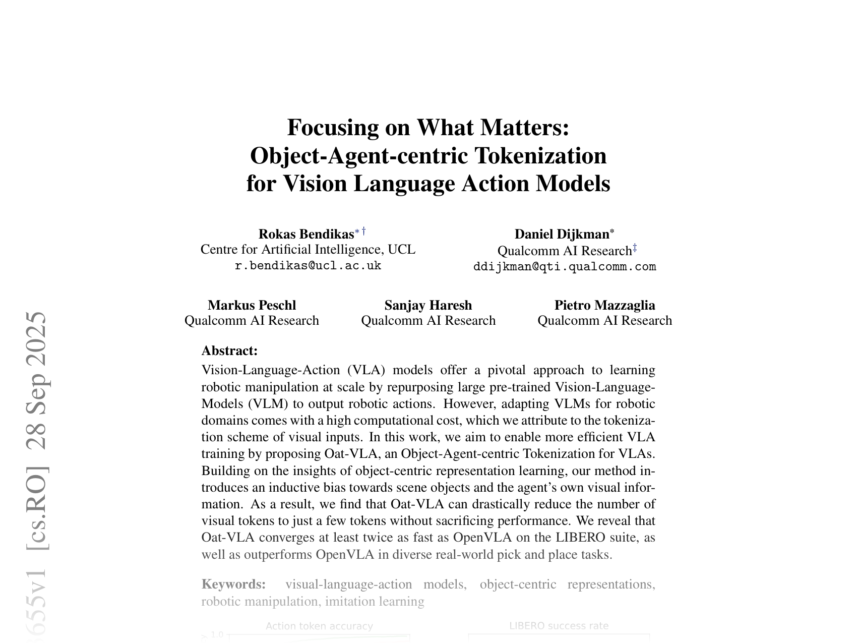[Focusing on What Matters: Object-Agent-centric Tokenization for Vision Language Action Models 🔗](https://arxiv.org/abs/2509.23655)