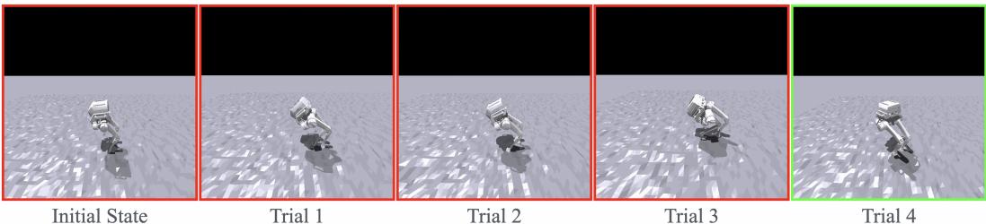Sequential frames showing a robot improving its stability over four trials.