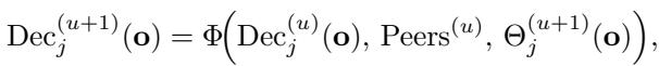 Equation showing how an agent iteratively refines its decision by incorporating peer feedback and new evidence.