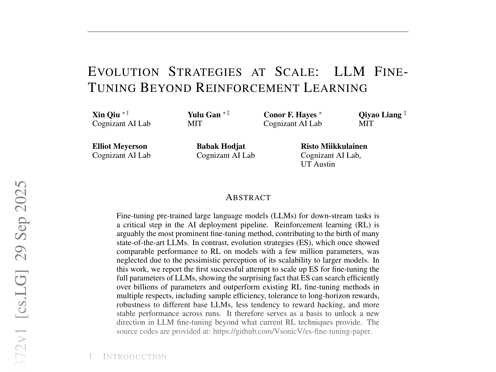 [EVOLUTION STRATEGIES AT SCALE: LLM FINE-TUNING BEYOND REINFORCEMENT LEARNING 🔗](https://arxiv.org/abs/2509.24372)