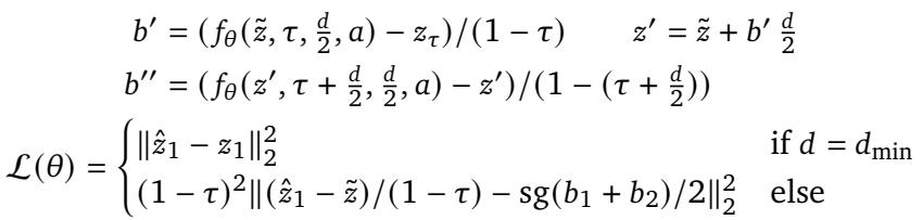 Shortcut Forcing 损失函数示意,展示最小步长的流匹配项与大步长的自举项。
