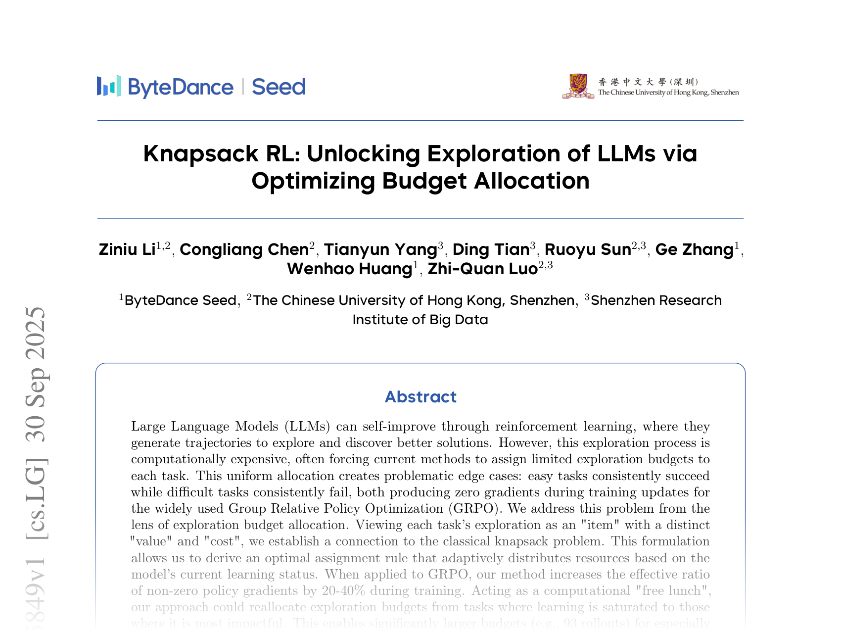 [Knapsack RL: Unlocking Exploration of LLMs via Optimizing Budget Allocation 🔗](https://arxiv.org/abs/2509.25849)