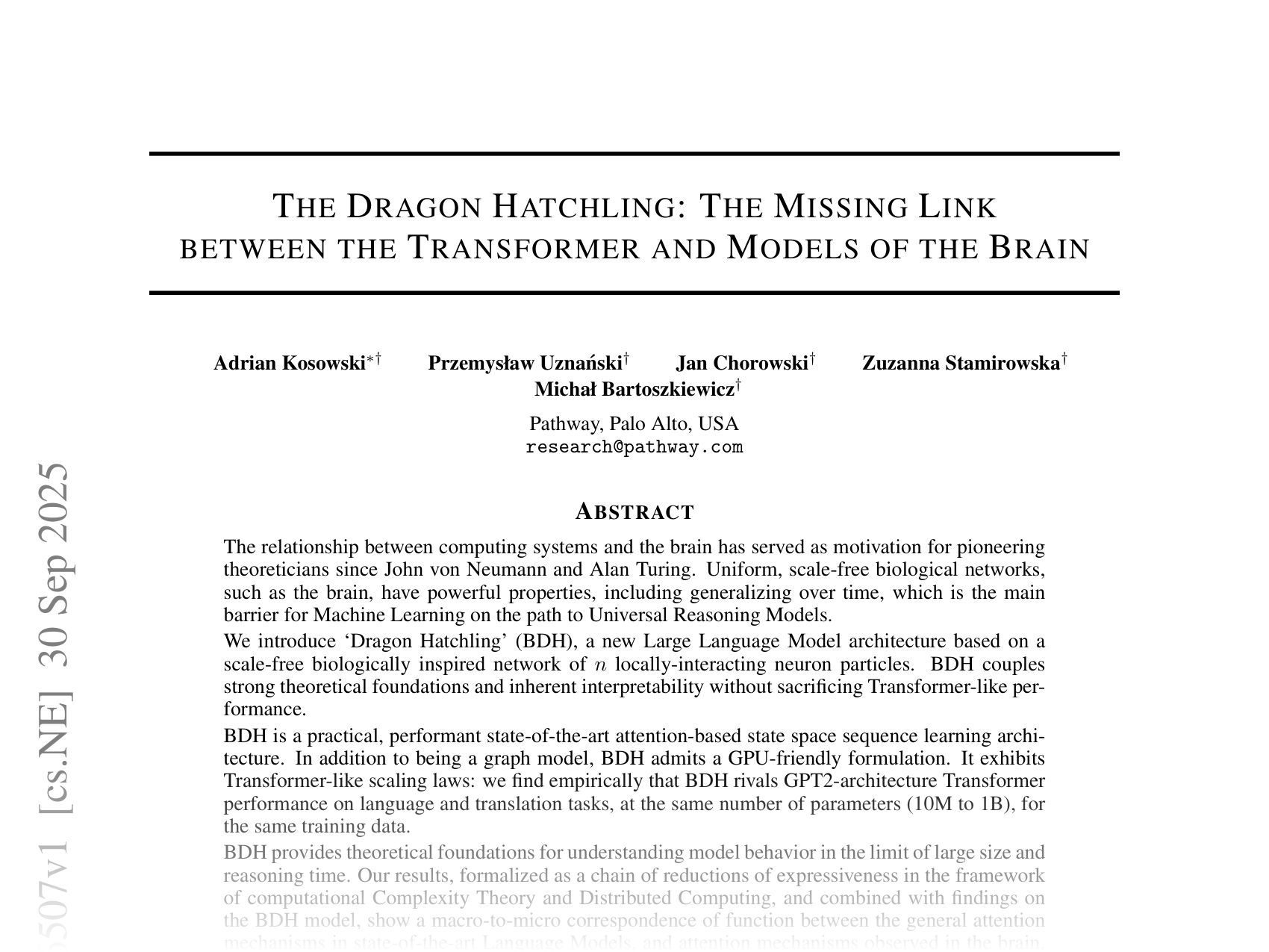 [THE DRAGON HATCHLING: THE MISSING LINK BETWEEN THE TRANSFORMER AND MODELS OF THE BRAIN 🔗](https://arxiv.org/abs/2509.26507)
