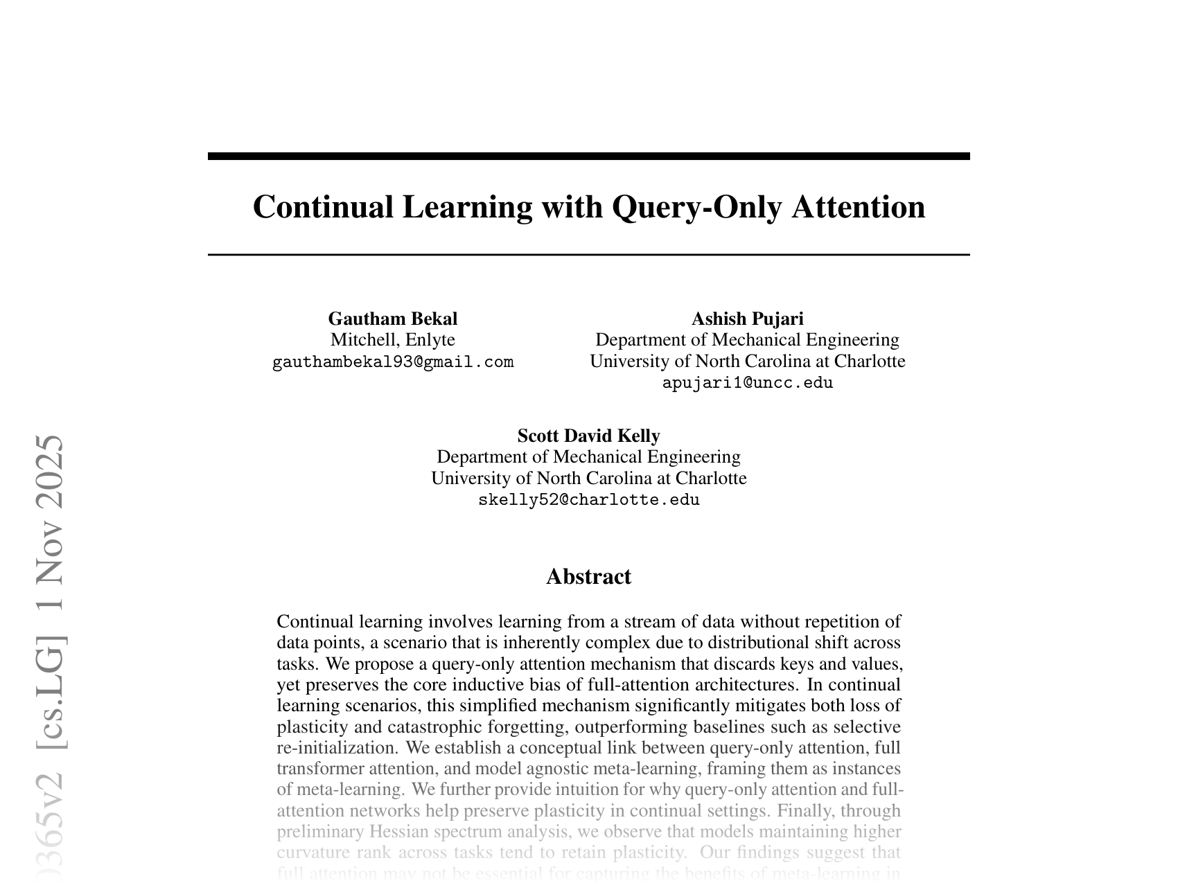 [Continual Learning with Query-Only Attention 🔗](https://arxiv.org/abs/2510.00365)