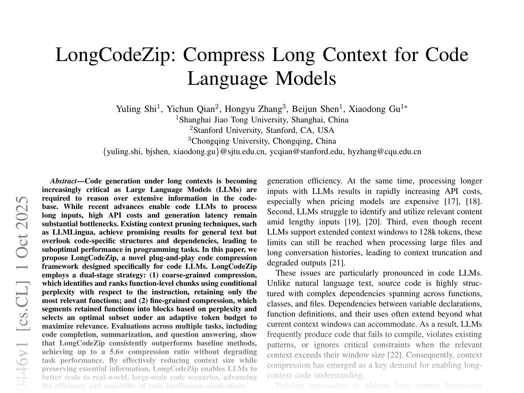 [LongCodeZip: Compress Long Context for Code Language Models 🔗](https://arxiv.org/abs/2510.00446)