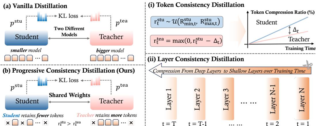 Overview of Progressive Consistency Distillation with Token Consistency Distillation (TCD) and Layer Consistency Distillation (LCD).