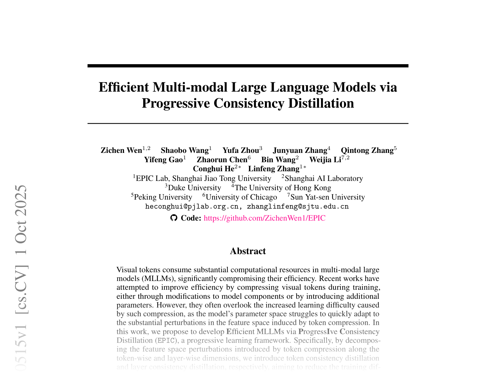 [Efficient Multi-modal Large Language Models via Progressive Consistency Distillation 🔗](https://arxiv.org/abs/2510.00515)