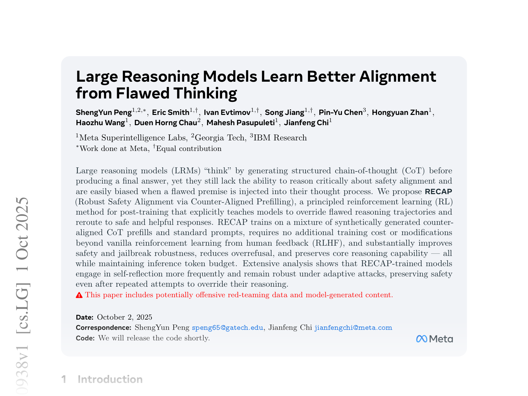 [Large Reasoning Models Learn Better Alignment from Flawed Thinking 🔗](https://arxiv.org/abs/2510.00938)