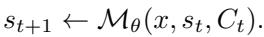 LLMs as iterative improvement operators. Each step uses the problem x, current state s_t, and workspace C_t to produce a refined artifact s_{t+1}.
