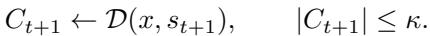 The distillation step compresses knowledge into C_{t+1}, keeping context small through a synthesis operator D.