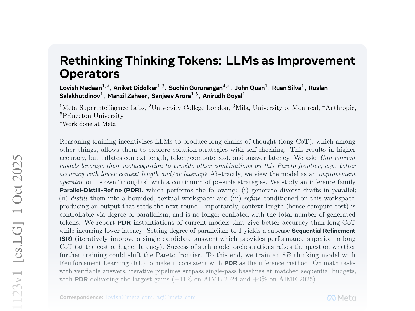 [Rethinking Thinking Tokens: LLMs as Improvement Operators 🔗](https://arxiv.org/abs/2510.01123)