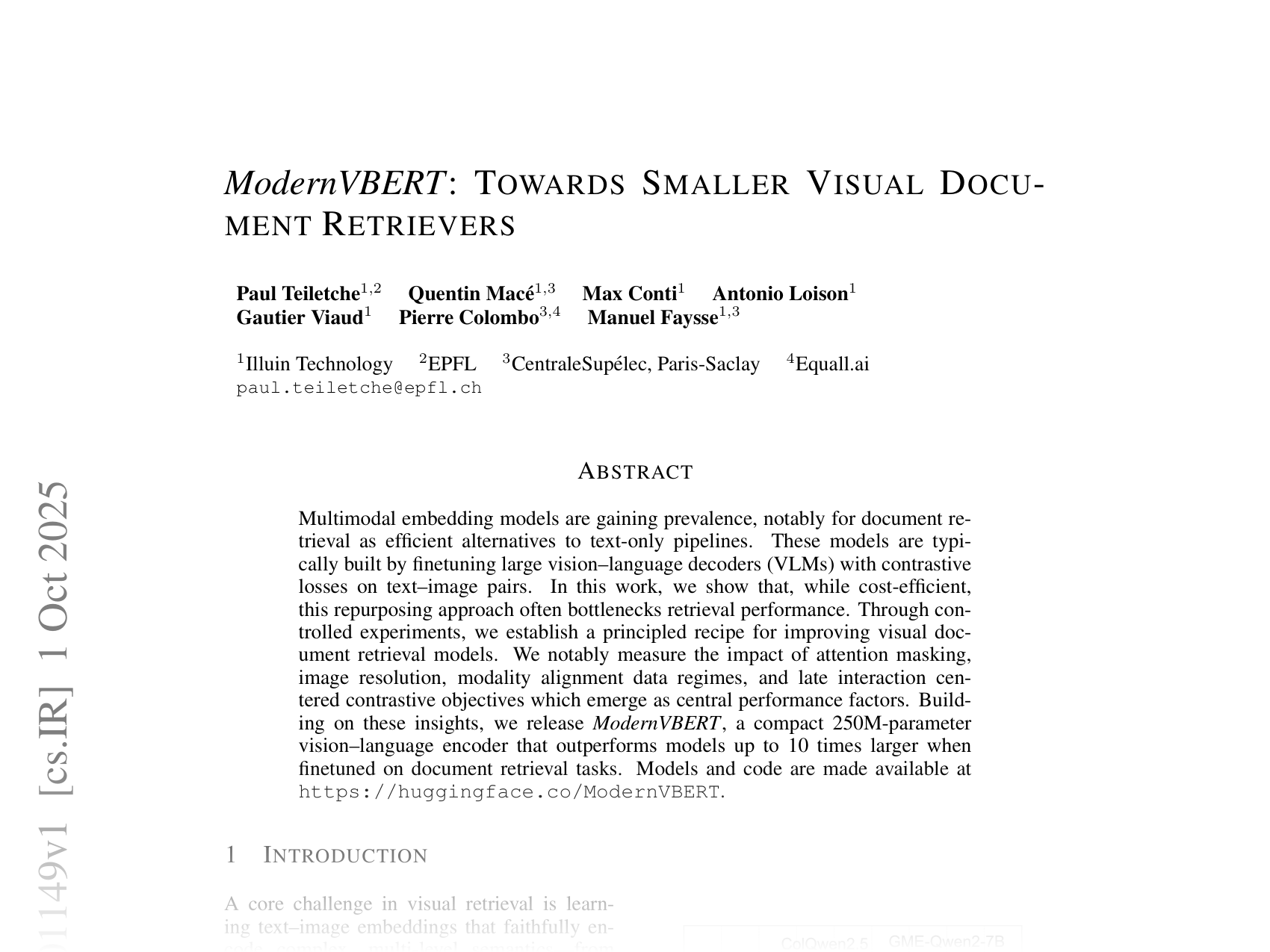 [ModernVBERT: TOWARDS SMALLER VISUAL DOCUMENT RETRIEVERS 🔗](https://arxiv.org/abs/2510.01149)