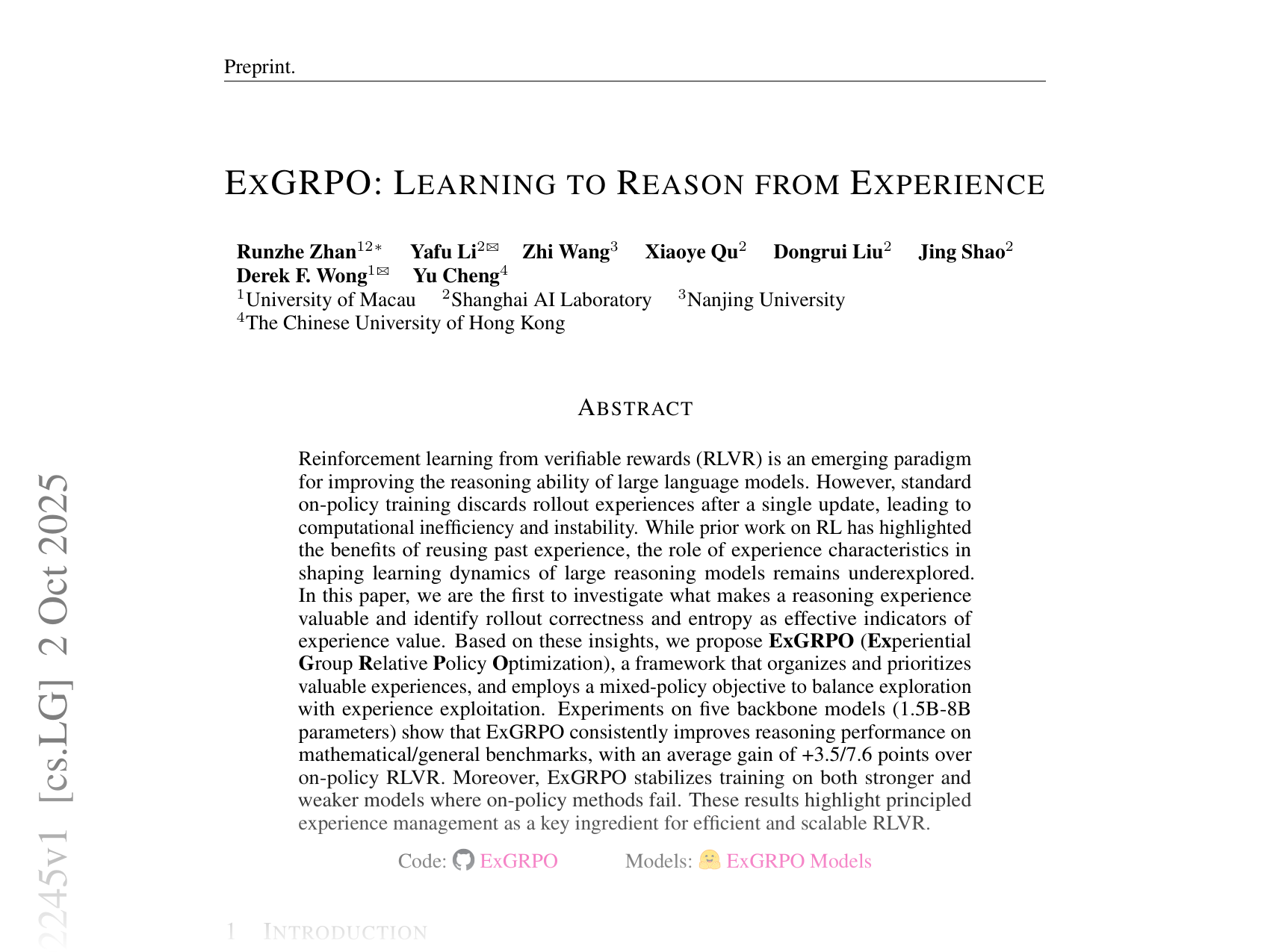 [EXGRPO: LEARNING TO REASON FROM EXPERIENCE 🔗](https://arxiv.org/abs/2510.02245)