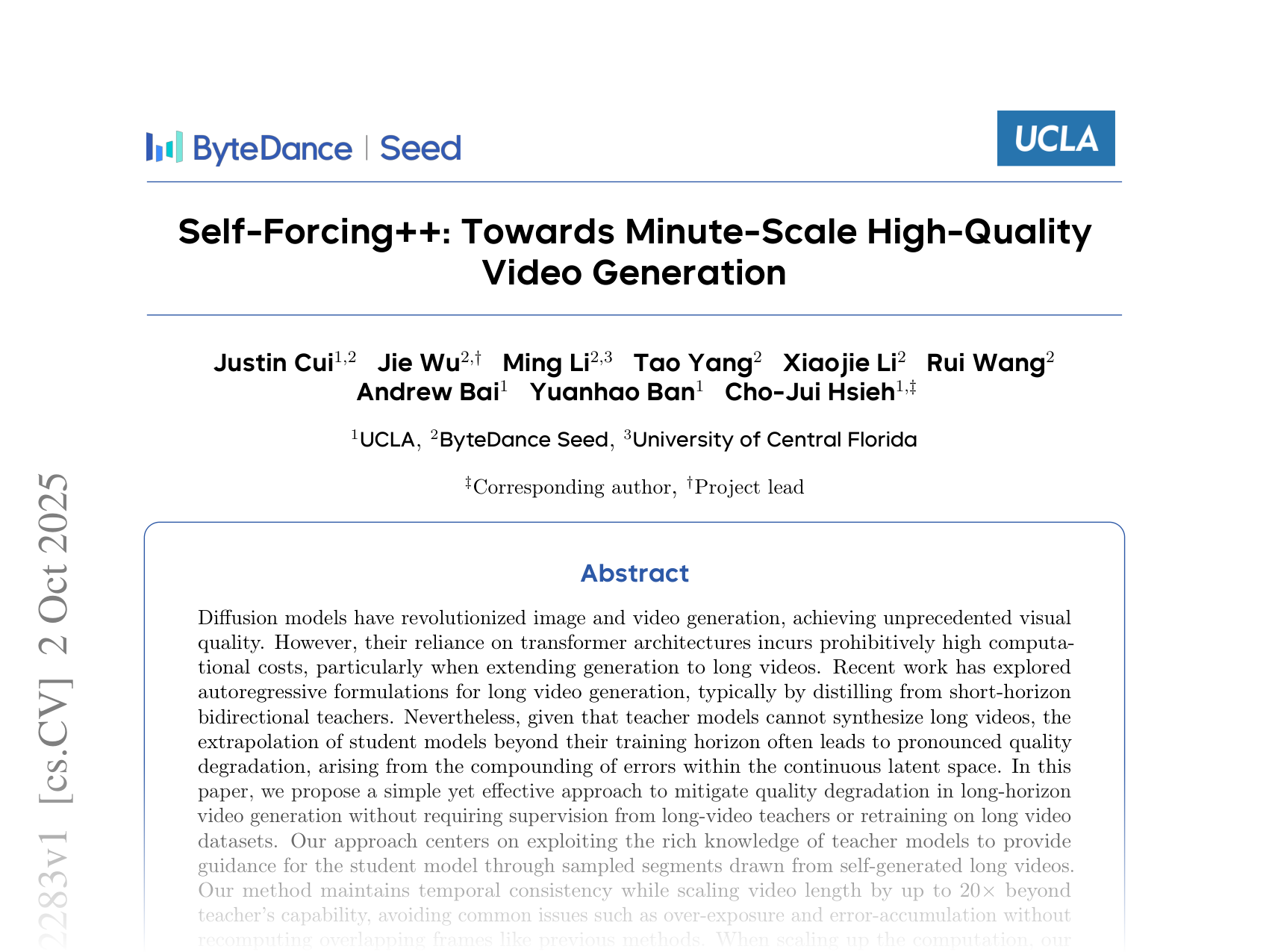 [Self-Forcing++: Towards Minute-Scale High-Quality Video Generation 🔗](https://arxiv.org/abs/2510.02283)