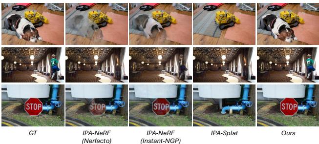 Illusion clarity in poisoned views. StealthAttack’s column shows sharp, realistic objects compared to faint or distorted results from other methods.