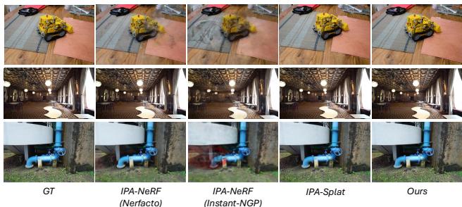 Quality in innocent views. StealthAttack maintains a clean, faithful reconstruction vs. artifact-heavy baseline outputs.
