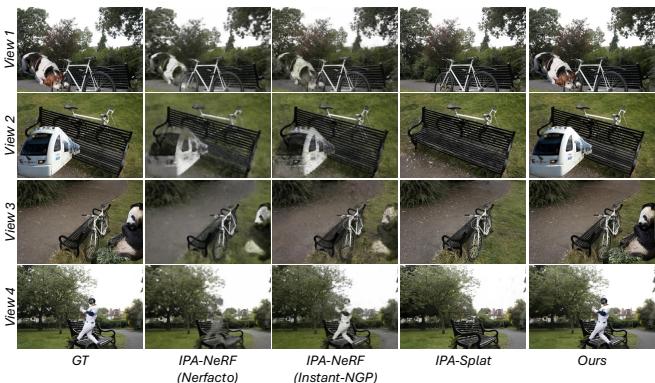 Qualitative results for 4 poisoned views: StealthAttack shows a white vehicle clearly in all target views.