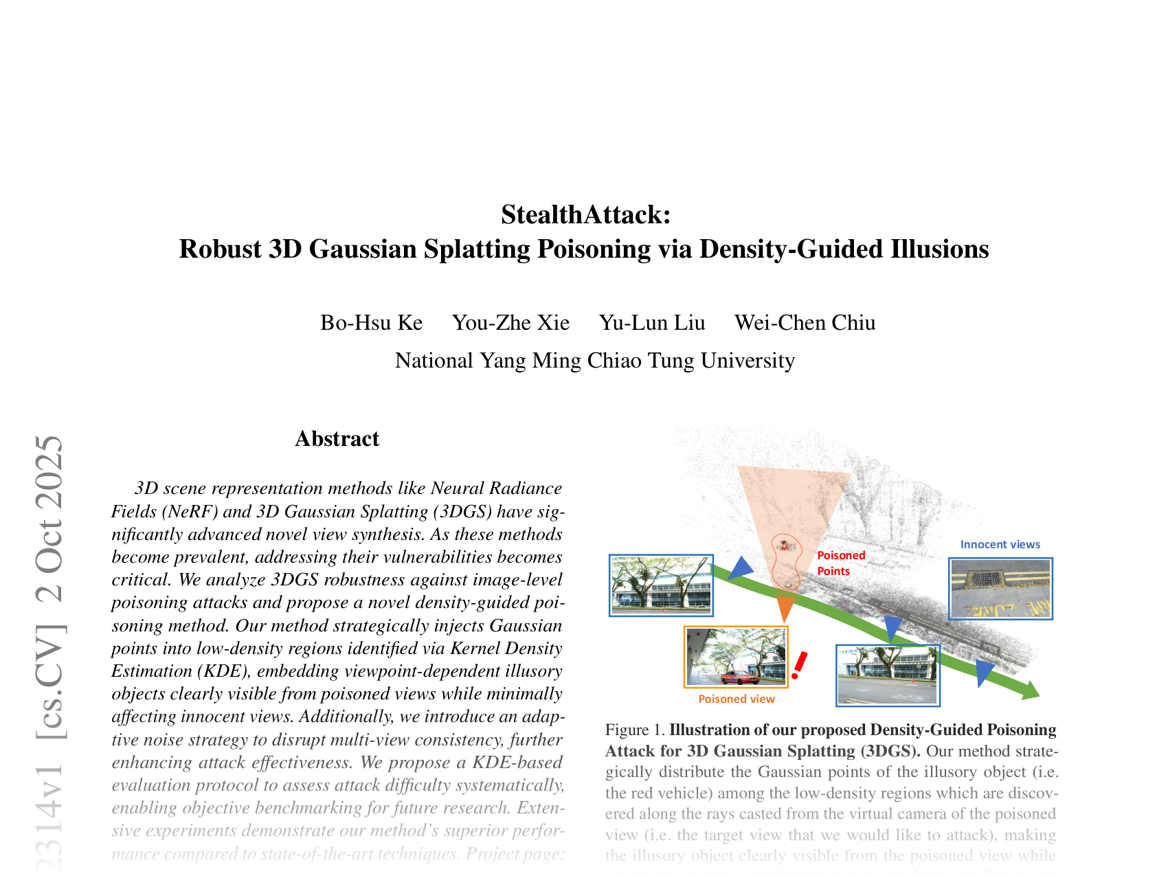 [StealthAttack: Robust 3D Gaussian Splatting Poisoning via Density-Guided Illusions 🔗](https://arxiv.org/abs/2510.02314)