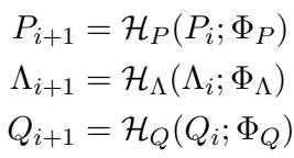The update equations for P, Lambda, and Q using hypernetworks.