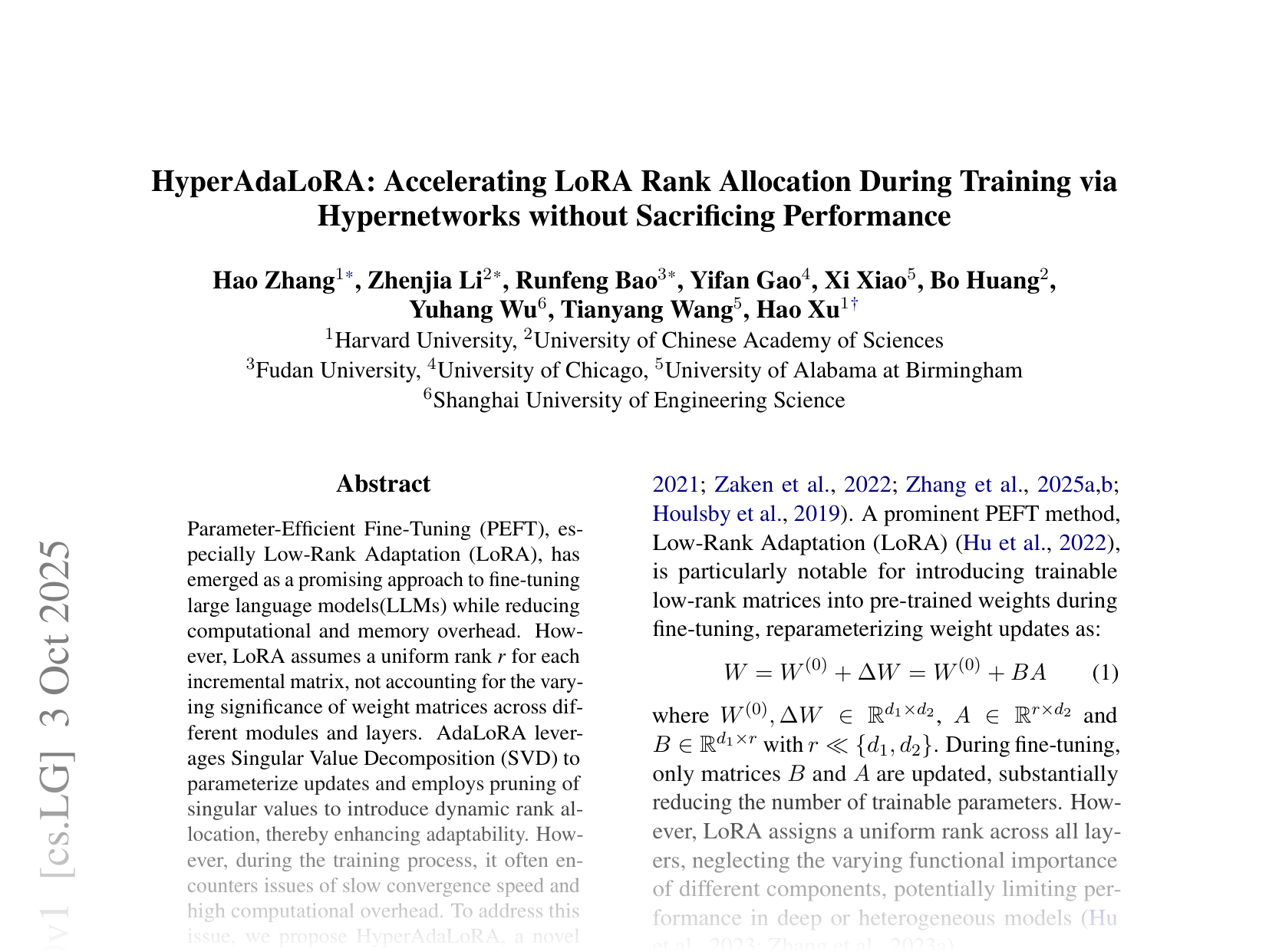 [HyperAdaLoRA: Accelerating LoRA Rank Allocation During Training via Hypernetworks without Sacrificing Performance 🔗](https://arxiv.org/abs/2510.02630)