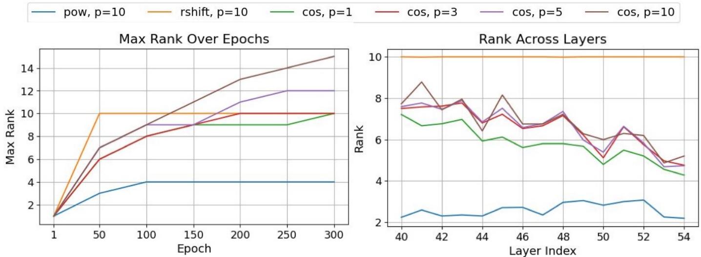 训练中及不同层中 FunLoRA 矩阵的有效秩。