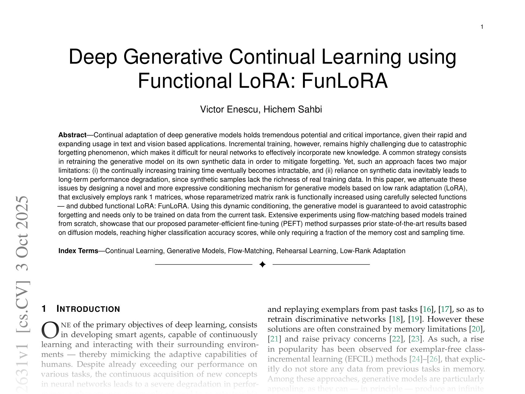 [Deep Generative Continual Learning using Functional LoRA: FunLoRA 🔗](https://arxiv.org/abs/2510.02631)
