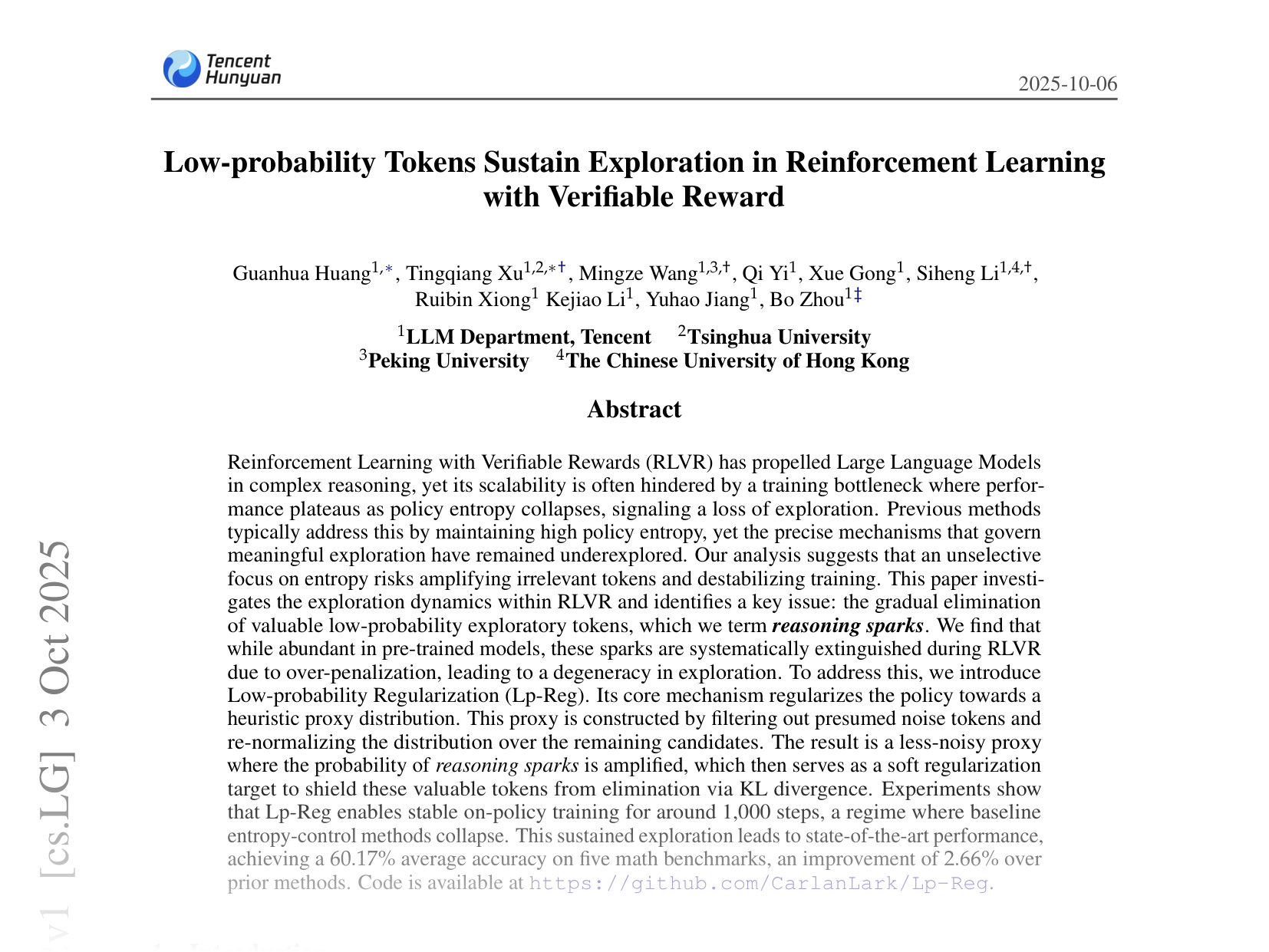 [Low-probability Tokens Sustain Exploration in Reinforcement Learning with Verifiable Reward 🔗](https://arxiv.org/abs/2510.03222)