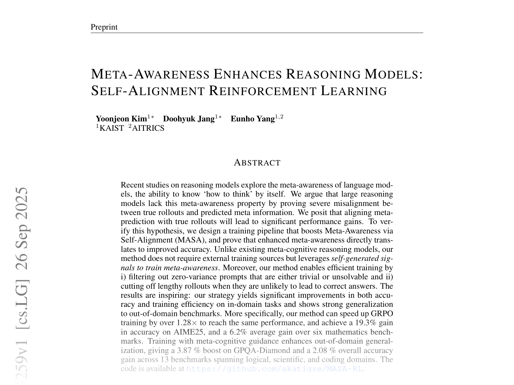 [META-AWARENESS ENHANCES REASONING MODELS: SELF-ALIGNMENT REINFORCEMENT LEARNING 🔗](https://arxiv.org/abs/2510.03259)