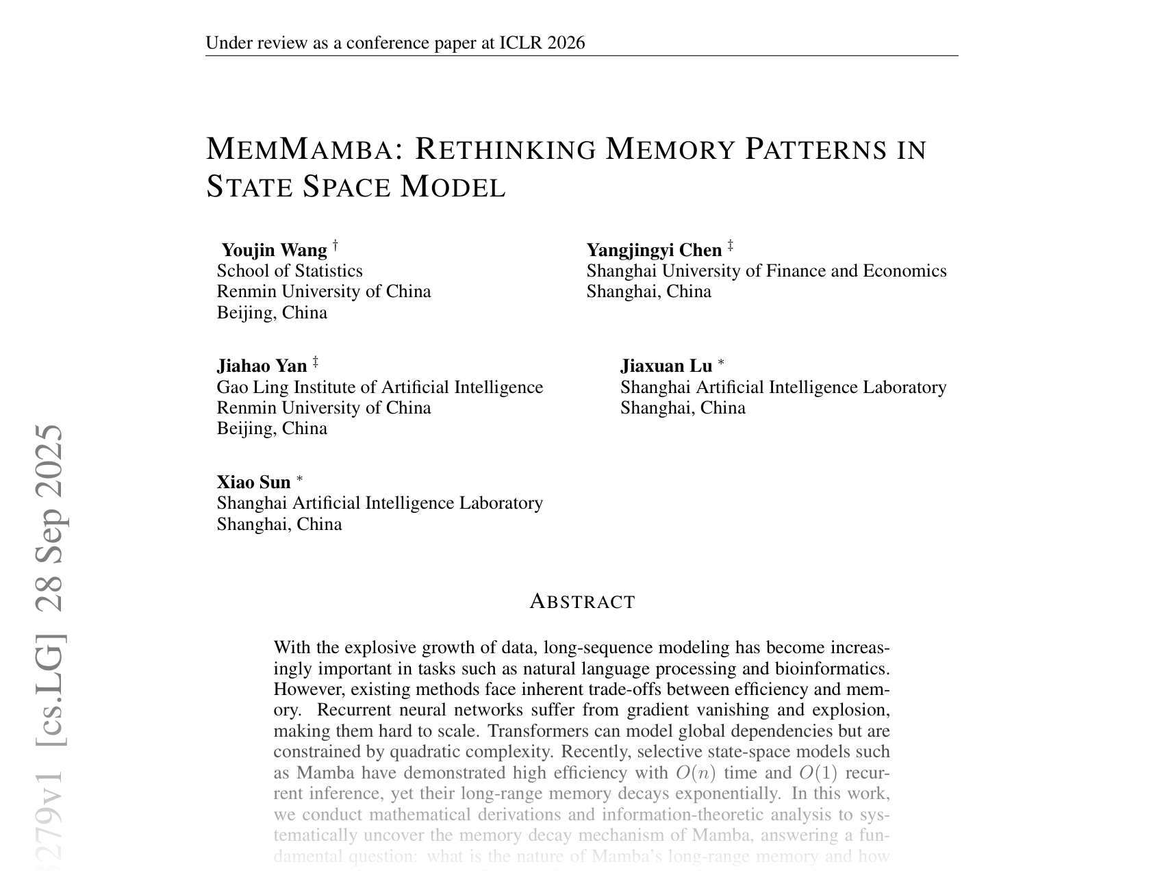 [MEMMAMBA: RETHINKING MEMORY PATTERNS IN STATE SPACE MODEL 🔗](https://arxiv.org/abs/2510.03279)