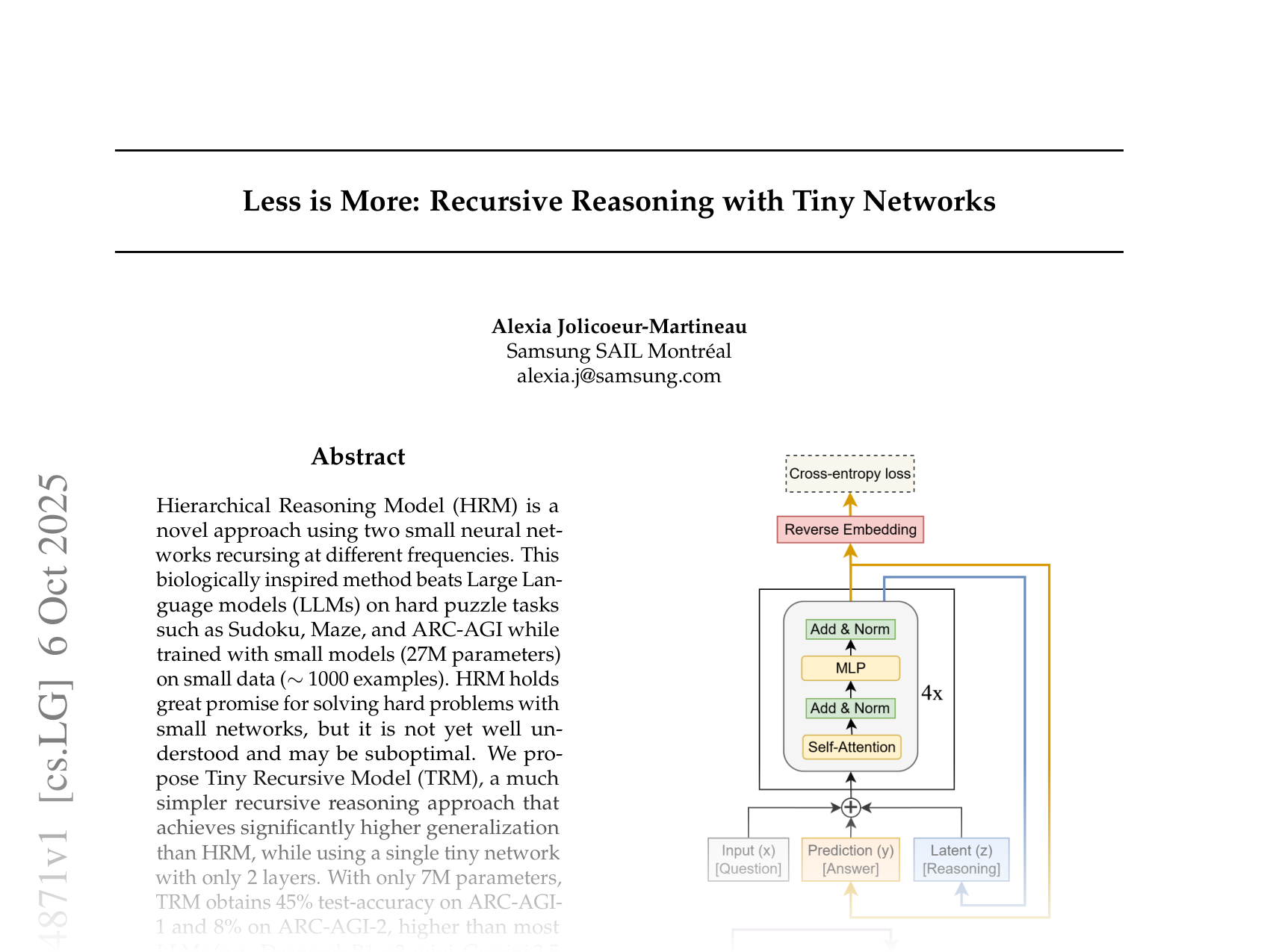 [Less is More: Recursive Reasoning with Tiny Networks 🔗](https://arxiv.org/abs/2510.04871)