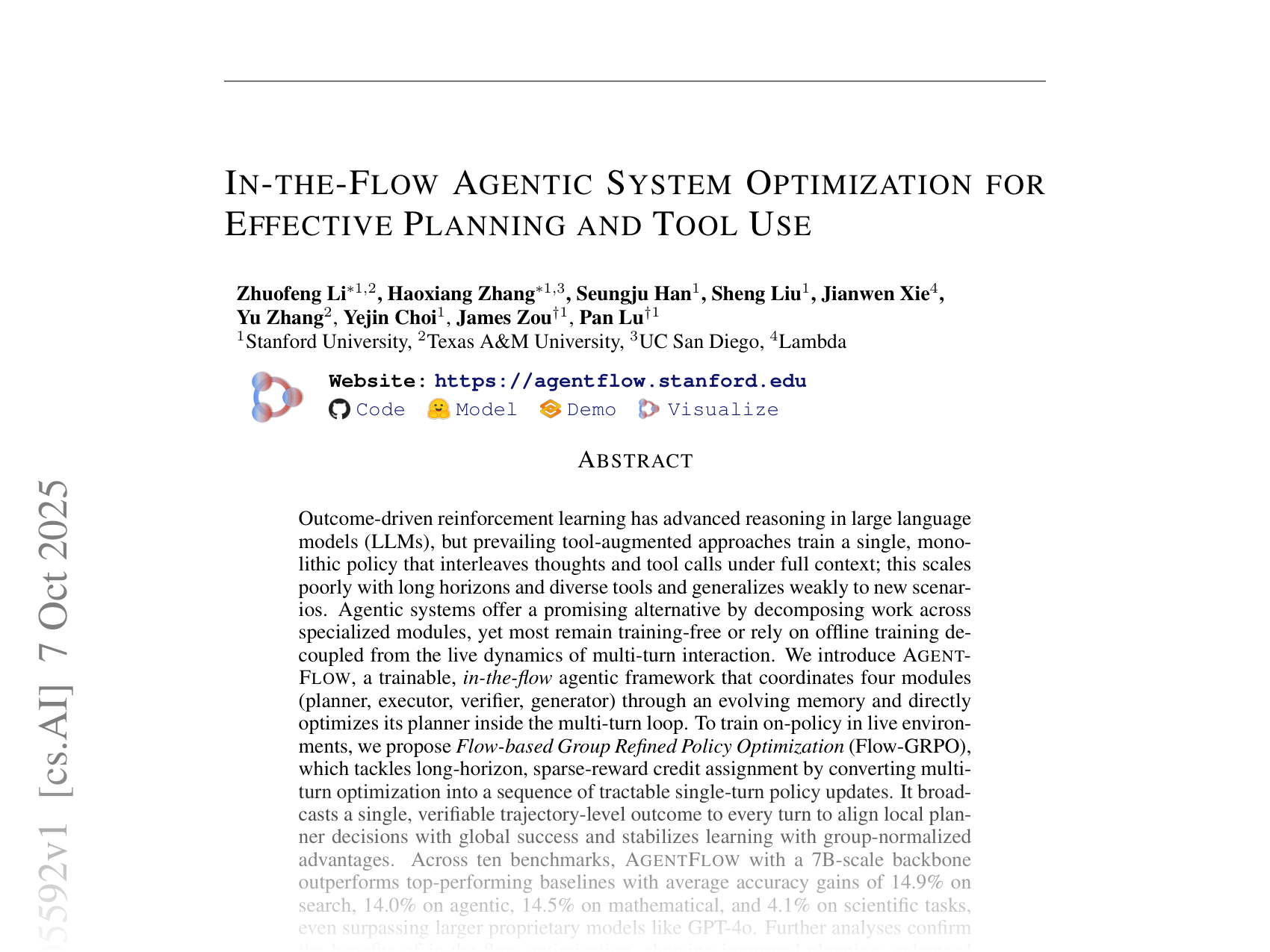 [IN-THE-FLOW AGENTIC SYSTEM OPTIMIZATION FOR EFFECTIVE PLANNING AND TOOL USE 🔗](https://arxiv.org/abs/2510.05592)