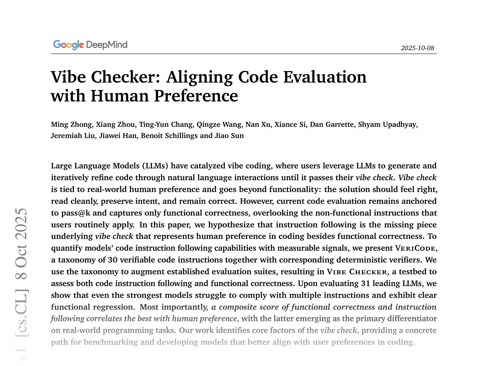 [Vibe Checker: Aligning Code Evaluation with Human Preference 🔗](https://arxiv.org/abs/2510.07315)