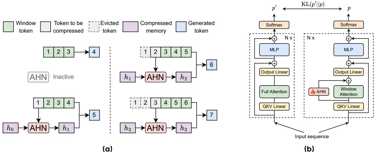 A step-by-step diagram showing how tokens are processed by the sliding window and the AHN.