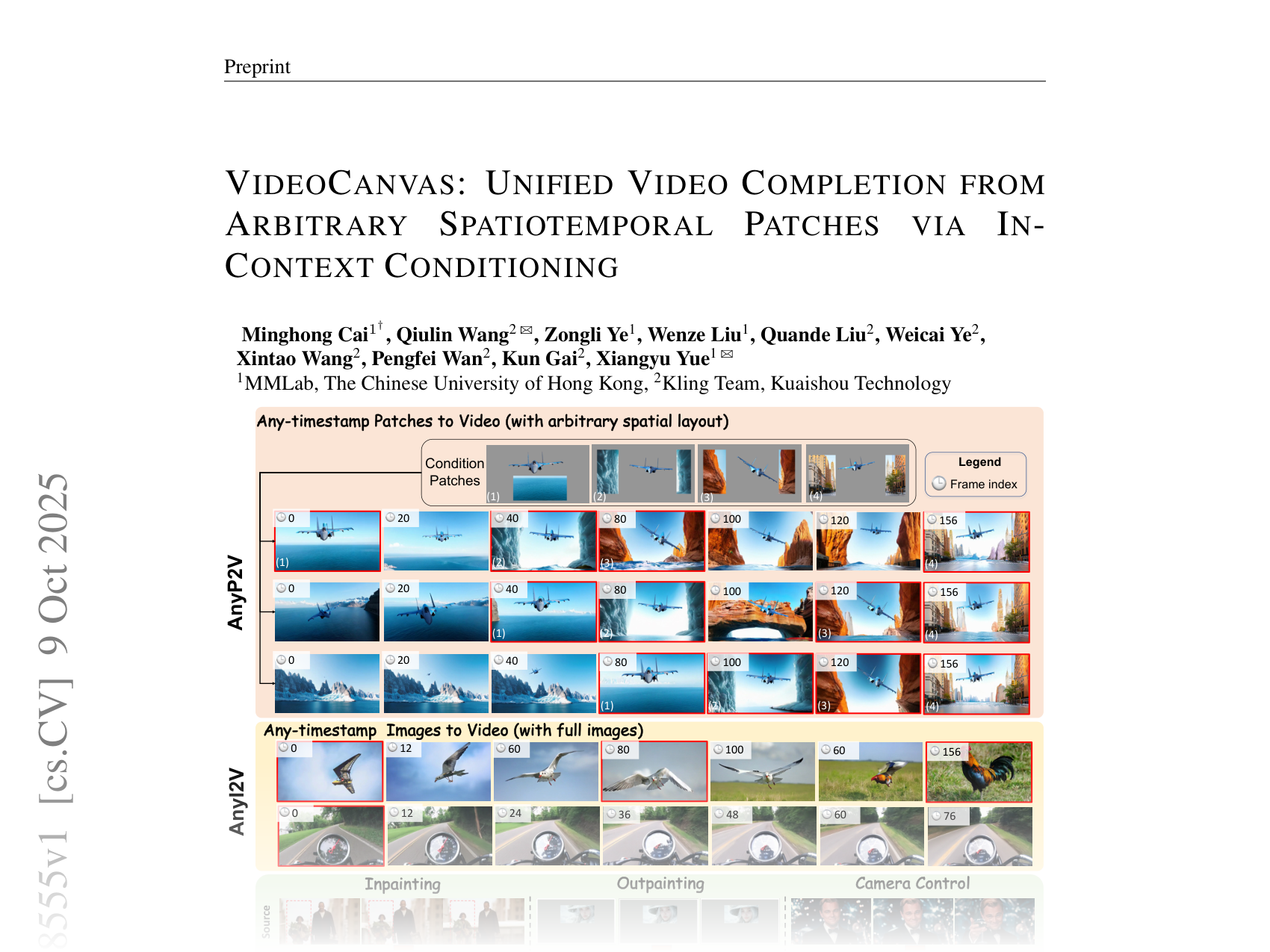 [VideoCanvas: Unified Video Completion from Arbitrary Spatiotemporal Patches via In-Context Conditioning 🔗](https://arxiv.org/abs/2510.08555)