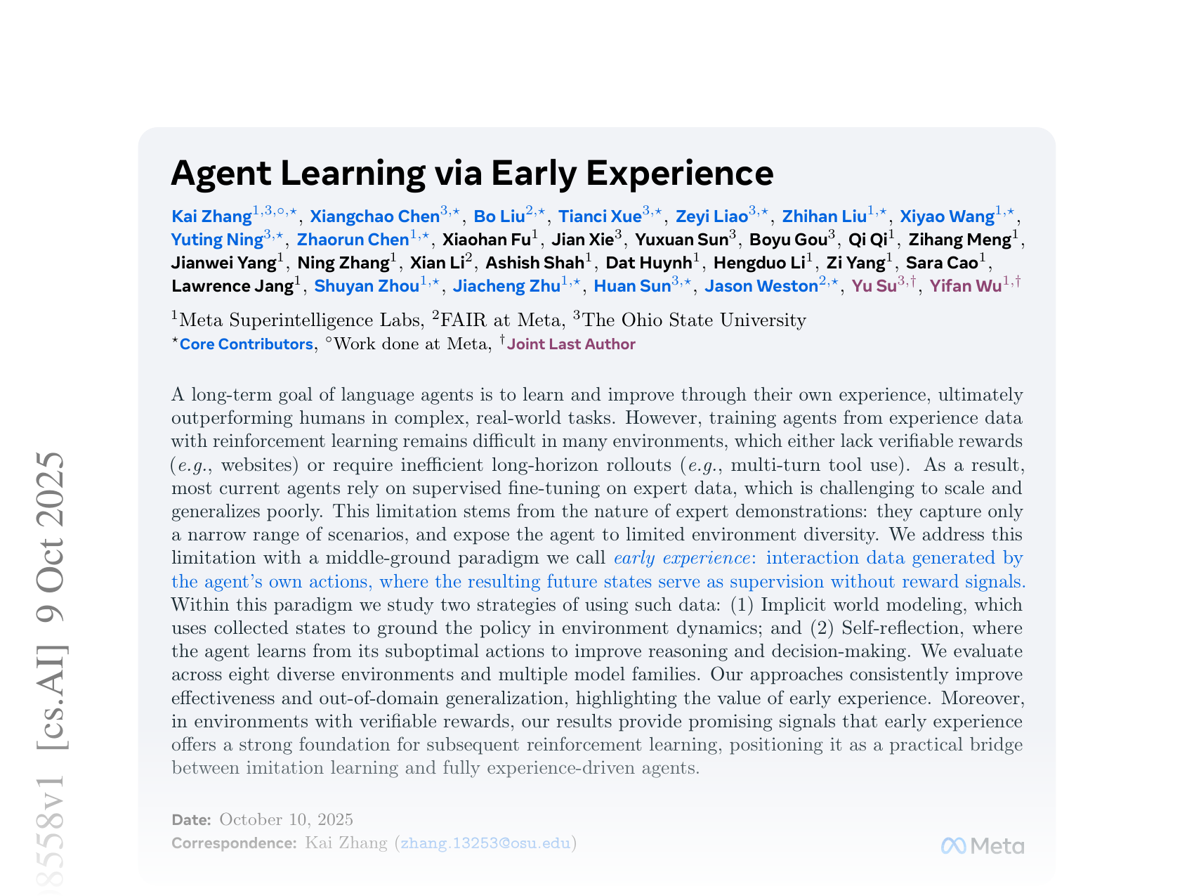 [Agent Learning via Early Experience 🔗](https://arxiv.org/abs/2510.08558)