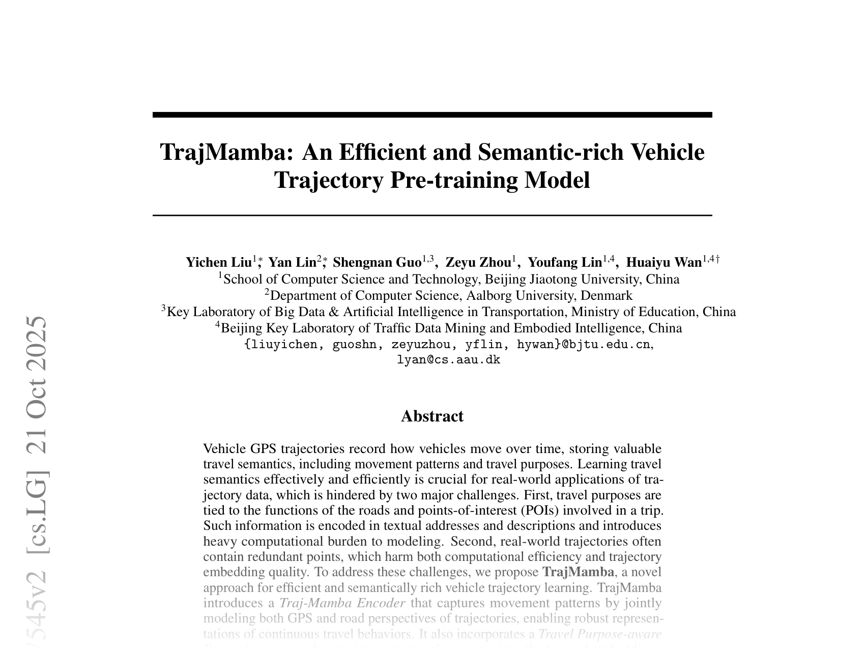 [TraMamba: An Efficient and Semantic-rich Vehicle Trajectory Pre-training Model 🔗](https://arxiv.org/abs/2510.17545)