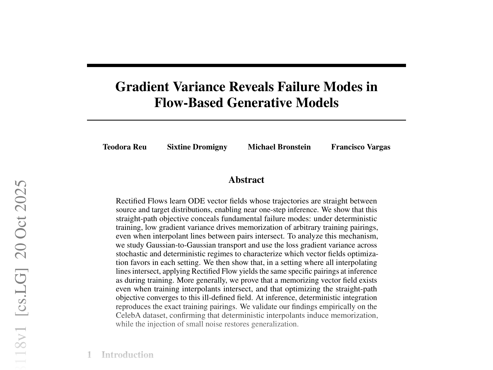 [Gradient Variance Reveals Failure Modes in Flow-Based Generative Models 🔗](https://arxiv.org/abs/2510.18118)