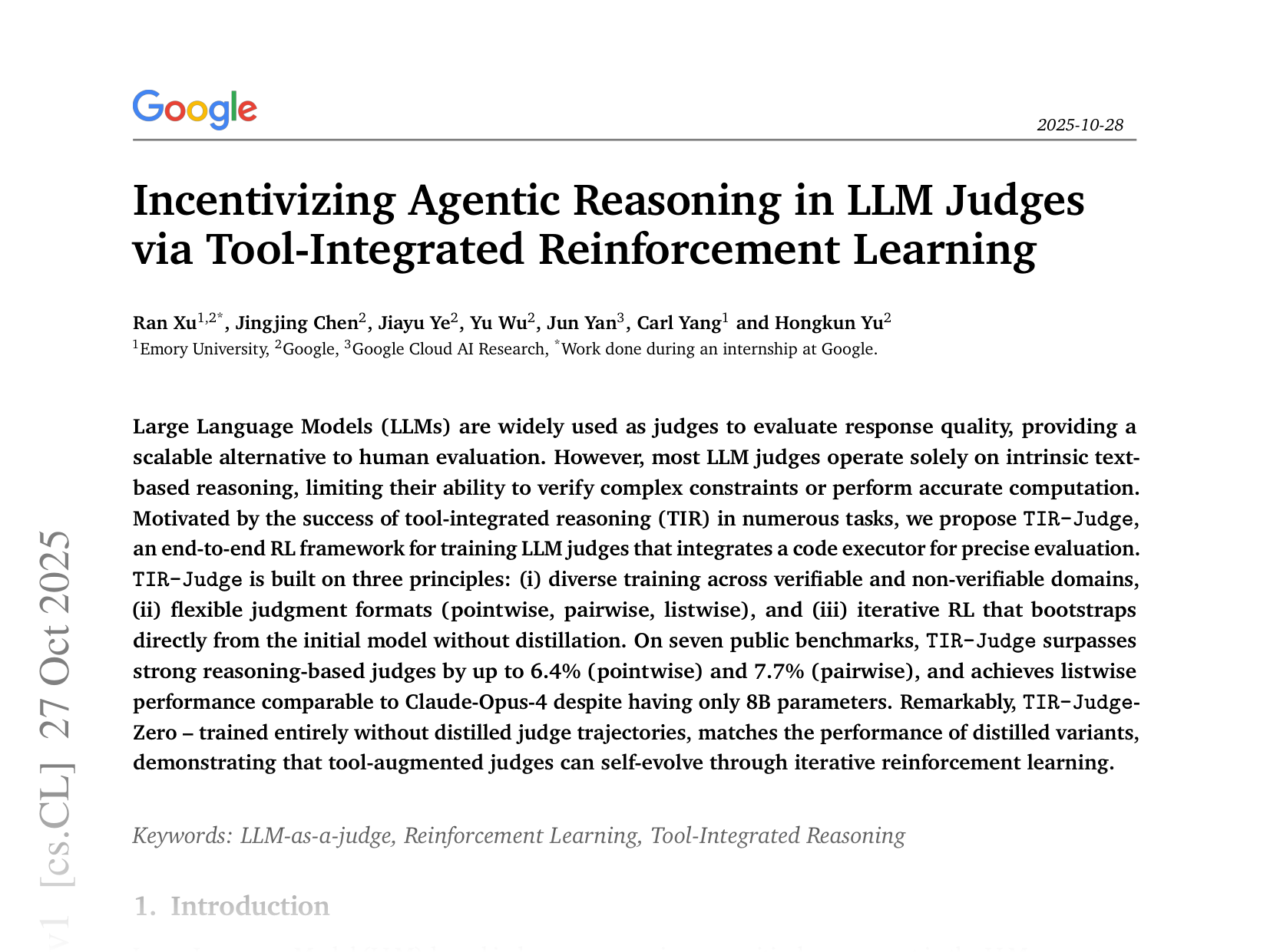 [Incentivizing Agentic Reasoning in LLM Judges via Tool-Integrated Reinforcement Learning 🔗](https://arxiv.org/abs/2510.23038)