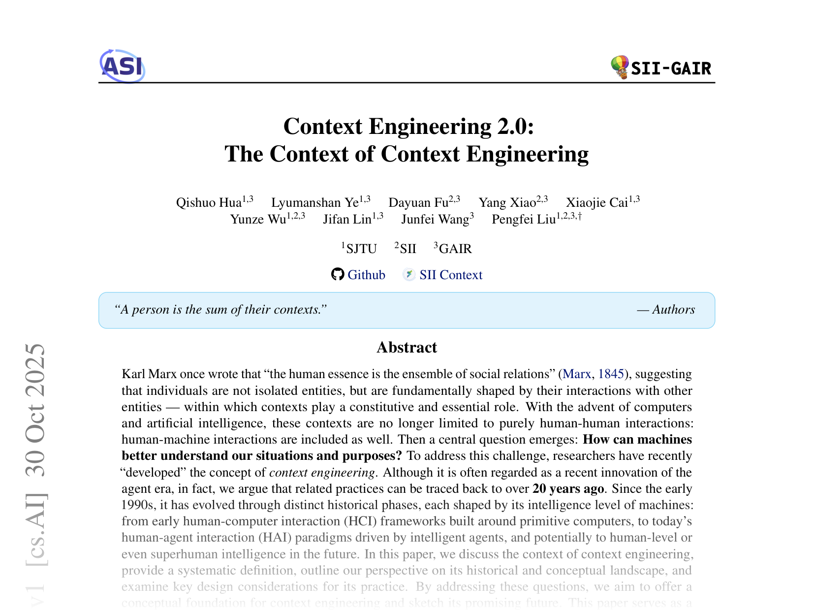 [Context Engineering 2.0: The Context of Context Engineering 🔗](https://arxiv.org/abs/2510.26493)