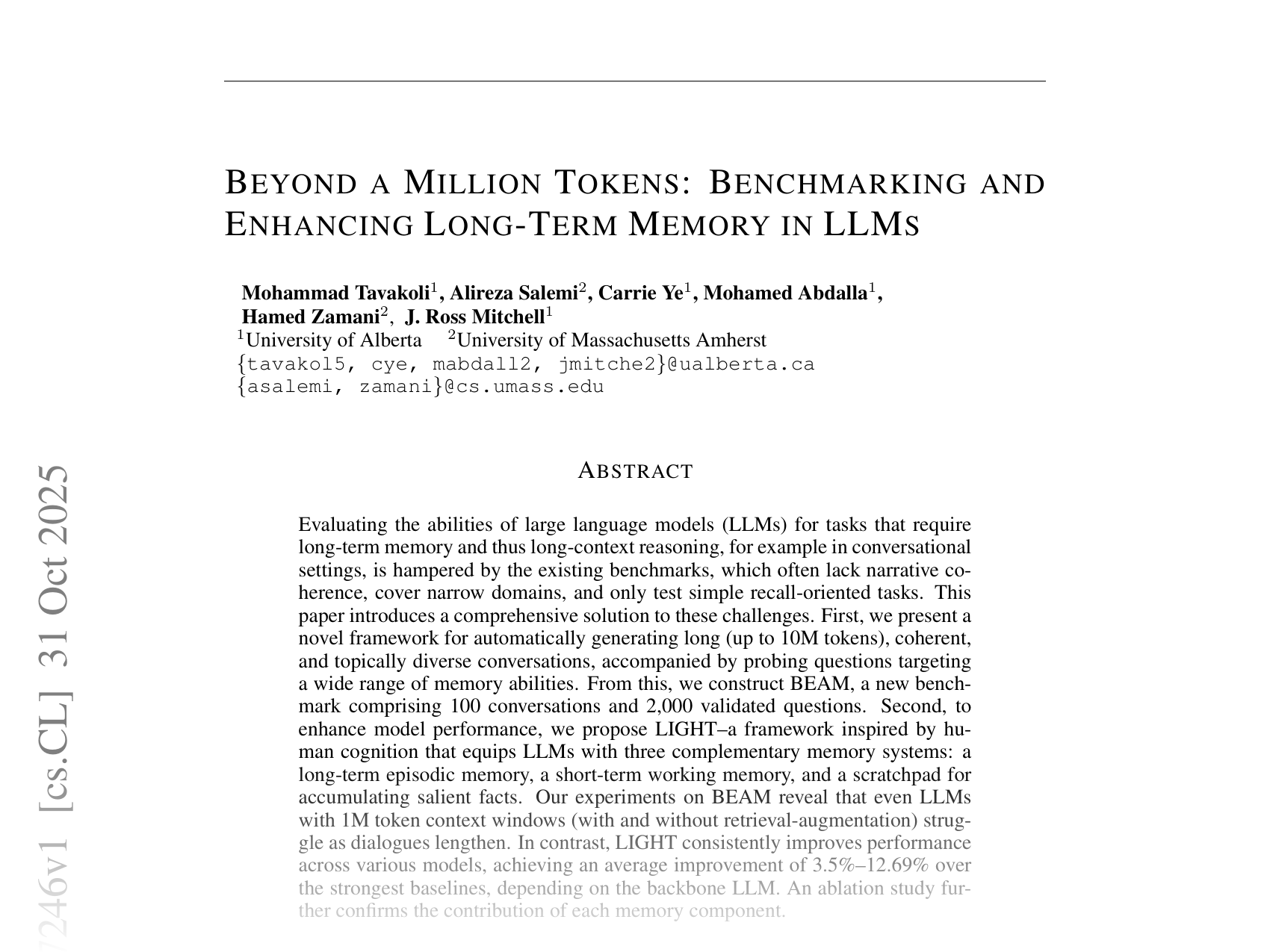 [BEYOND A MILLION TOKENS: BENCHMARKING AND ENHANCING LONG-TERM MEMORY IN LLMS 🔗](https://arxiv.org/abs/2510.27246)