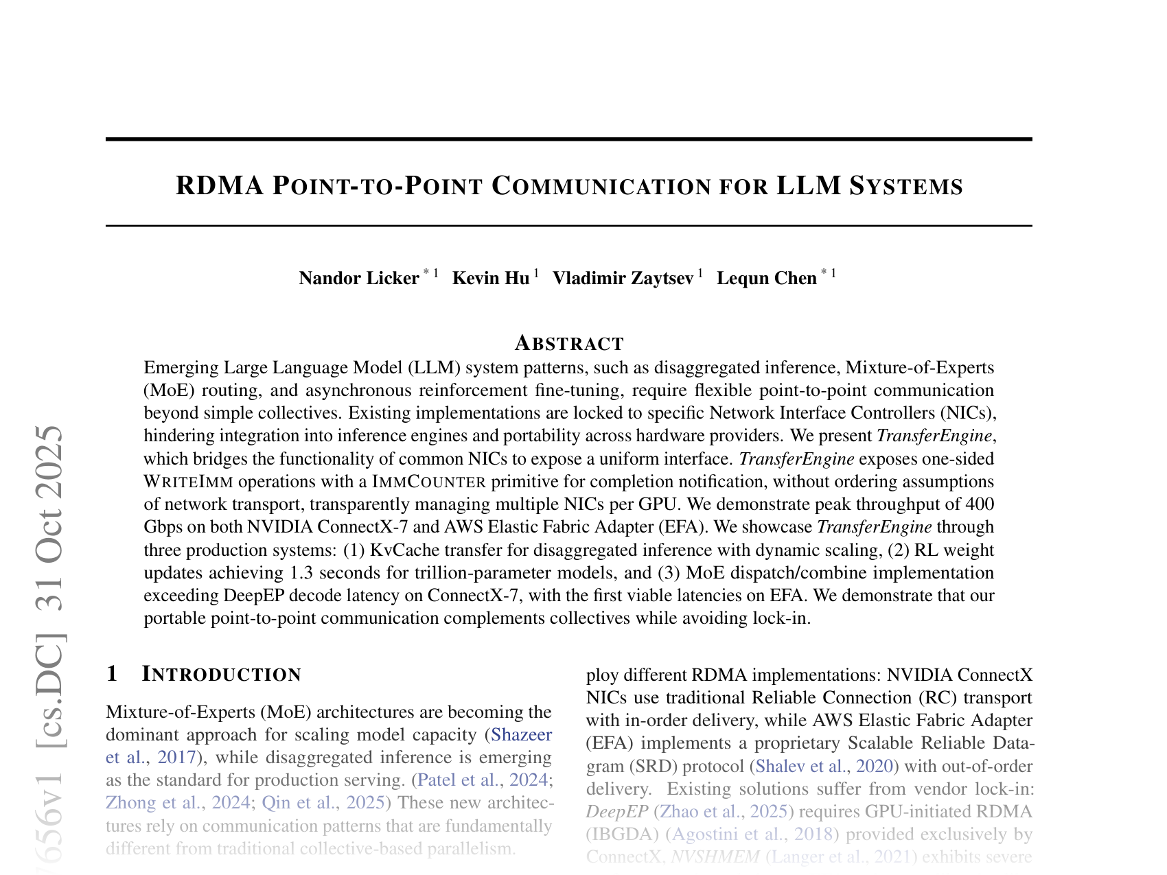 [RDMA POINT-TO-POINT COMMUNICATION FOR LLM SYSTEMS 🔗](https://arxiv.org/abs/2510.27656)