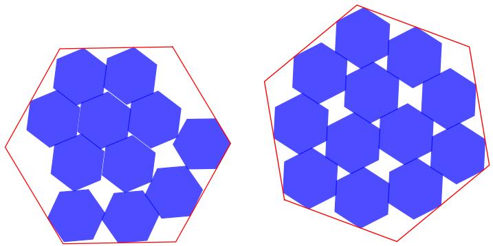 AlphaEvolve 发现的在大六边形中堆积 11 与 12 单位六边形的破纪录构型。