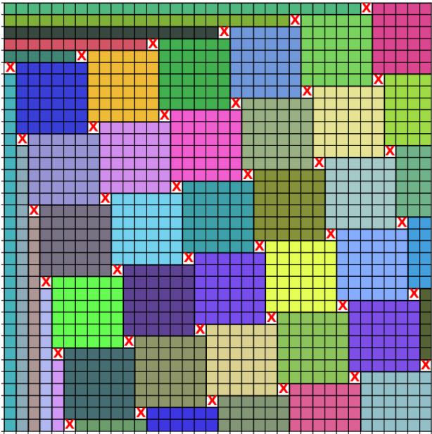 由 AlphaEvolve 发现的 36x36 网格最优铺砖方案 (2025 IMO 问题之一) 。