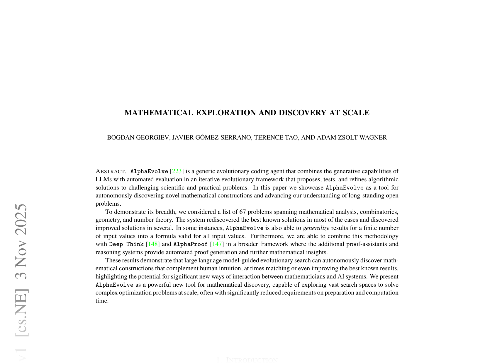 [MATHEMATICAL EXPLORATION AND DISCOVERY AT SCALE 🔗](https://arxiv.org/abs/2511.02864)