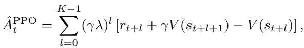PPO 中使用的广义优势估计 (GAE) 方程。
