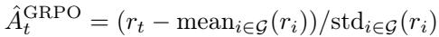 GRPO 优势函数，在一组响应中对奖励进行归一化。